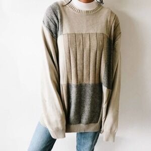 Dockers Patchwork Knit Sweater Womens 2XLT Oversized Beige Grey Cotton Pullover